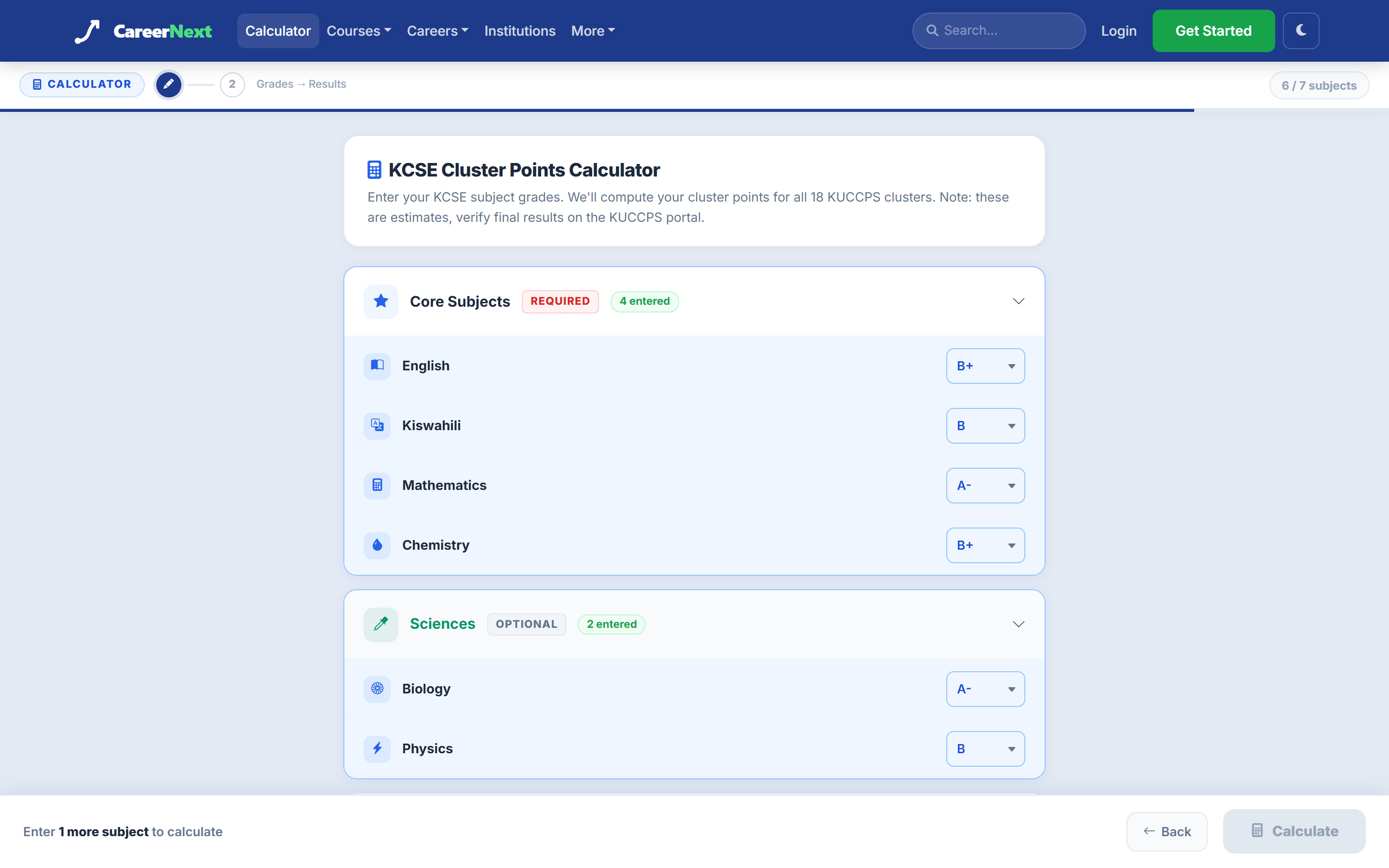 CareerNext's KCSE cluster points calculator, with example grades entered for English, Kiswahili, Mathematics, Chemistry, Biology and Physics.